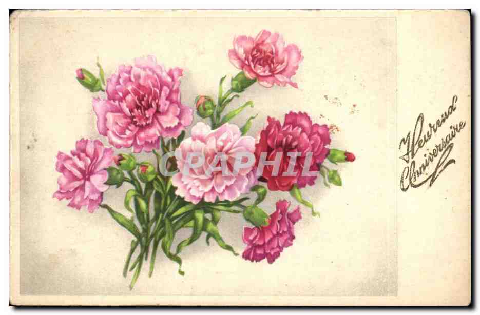 CPA FAntaisie Heureux anniversaire Fleurs 