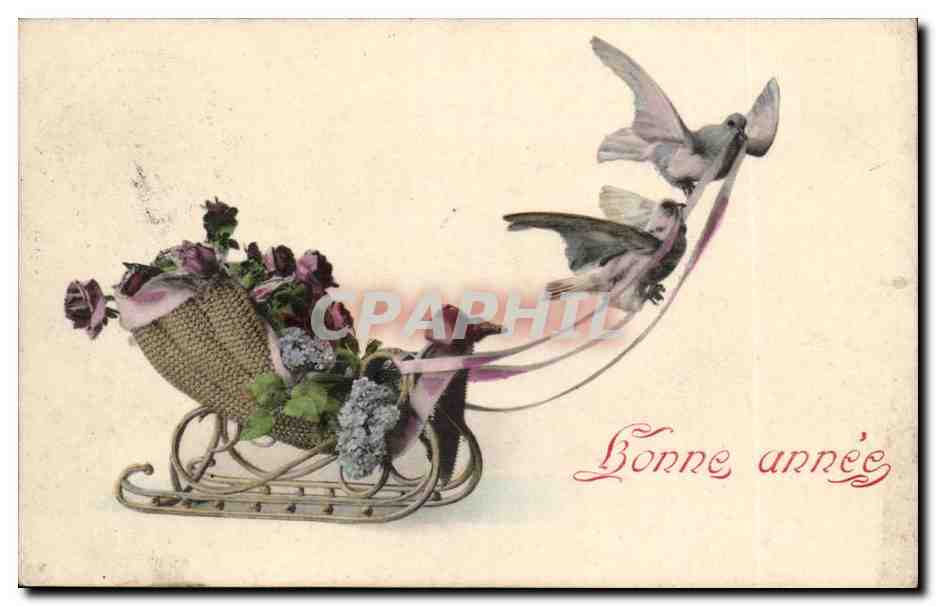 CPA FAntaisie Bonne annee Fleurs Oiseau Traineau