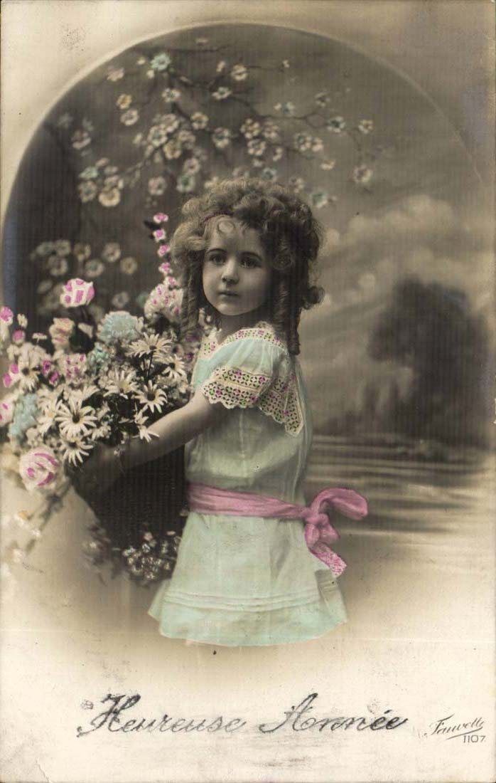 Fille tenant un bouquet — Heureuse Année — Fauwelly 1107