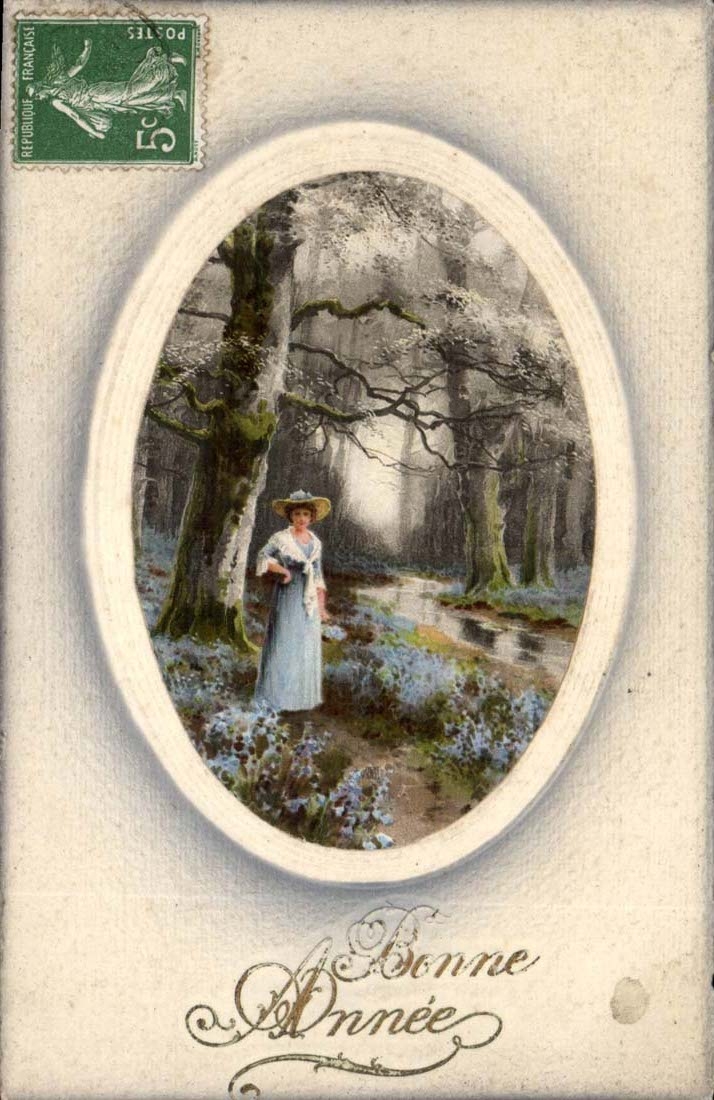 Femme en forêt — carte de vœux — éditeur non visible