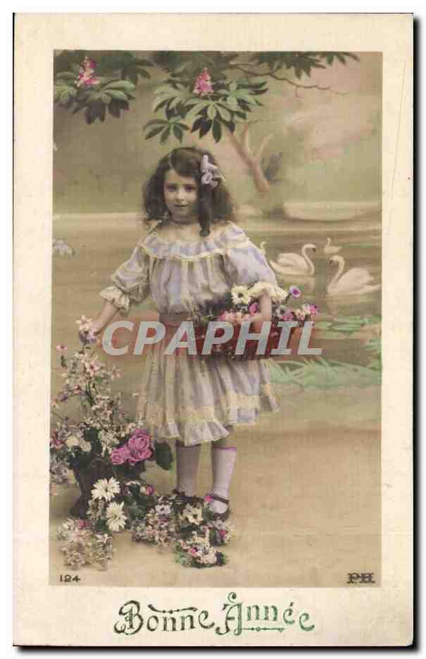 Fille avec bouquet de fleurs — Bonne Année — CPAPHIL 124