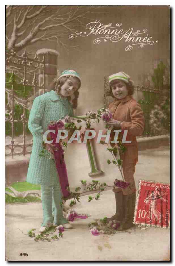 Twee kinderen met een bloemenkrans — Gelukkig Nieuwjaar — uitgever: Parijs, n° 346