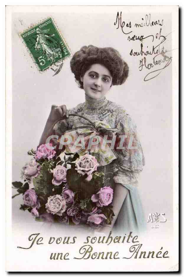Je vous souhaite une Bonne Année — jeune femme avec bouquet de roses — éditeur ANS n° 837