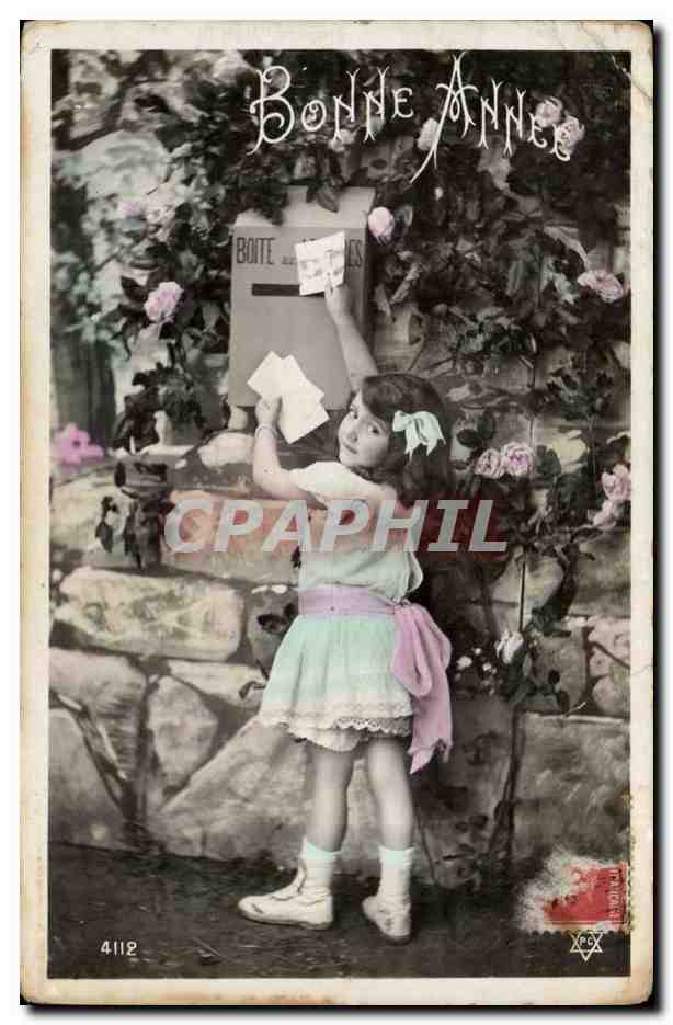 Fille devant une boîte aux lettres — Bonne Année — éditeur anonyme, n° 4112