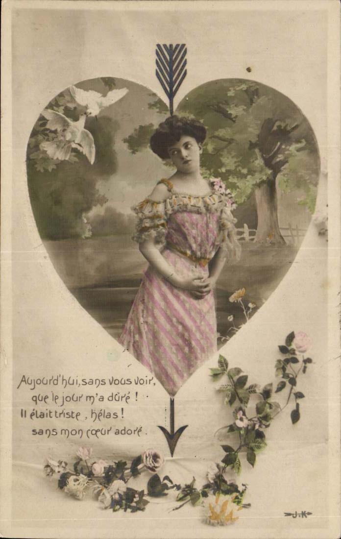 Jeune femme dans un cadre de cœur — texte amoureux — J.K. (éditeur ?)