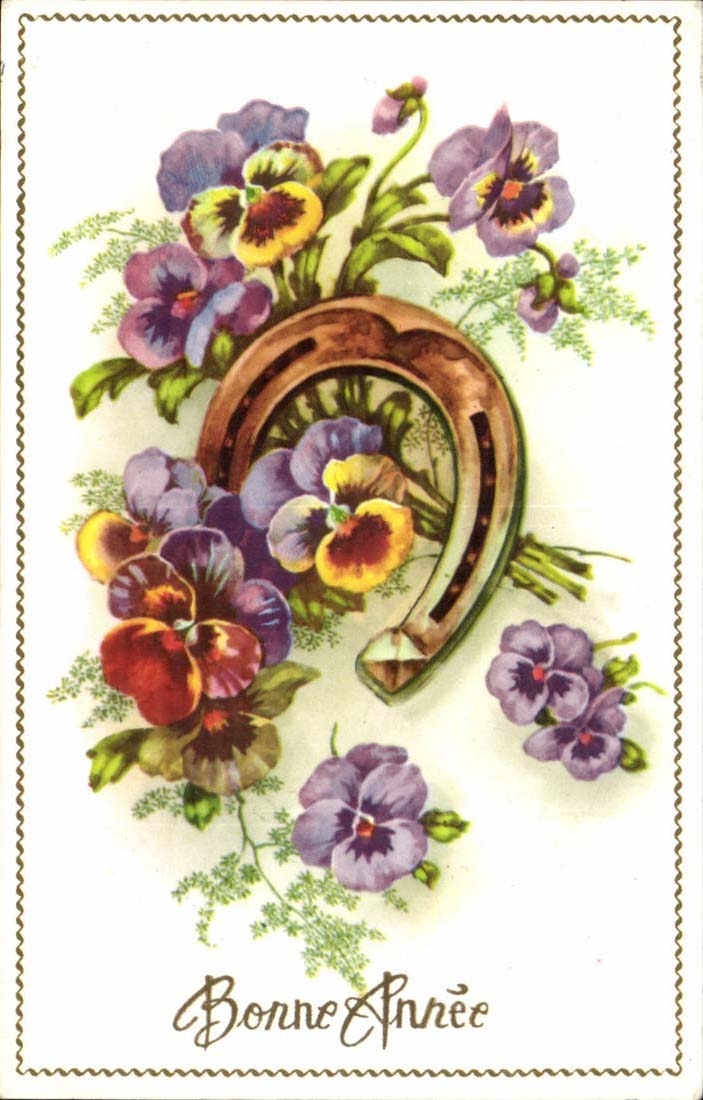 CPA FAntaisie Fleurs Bonne annee Fer a cheval