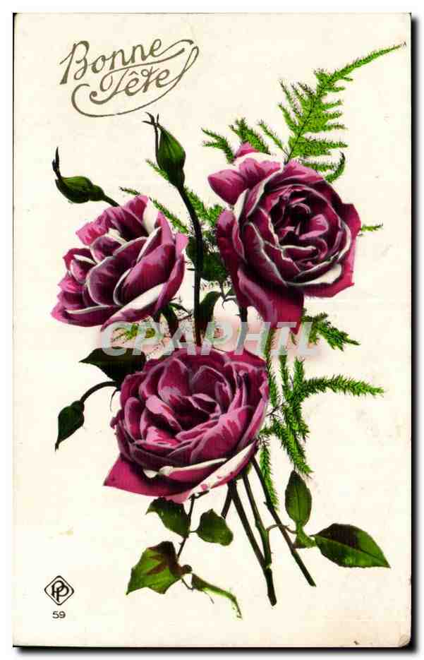 CPA FAntaisie Bonne fete fleurs roses