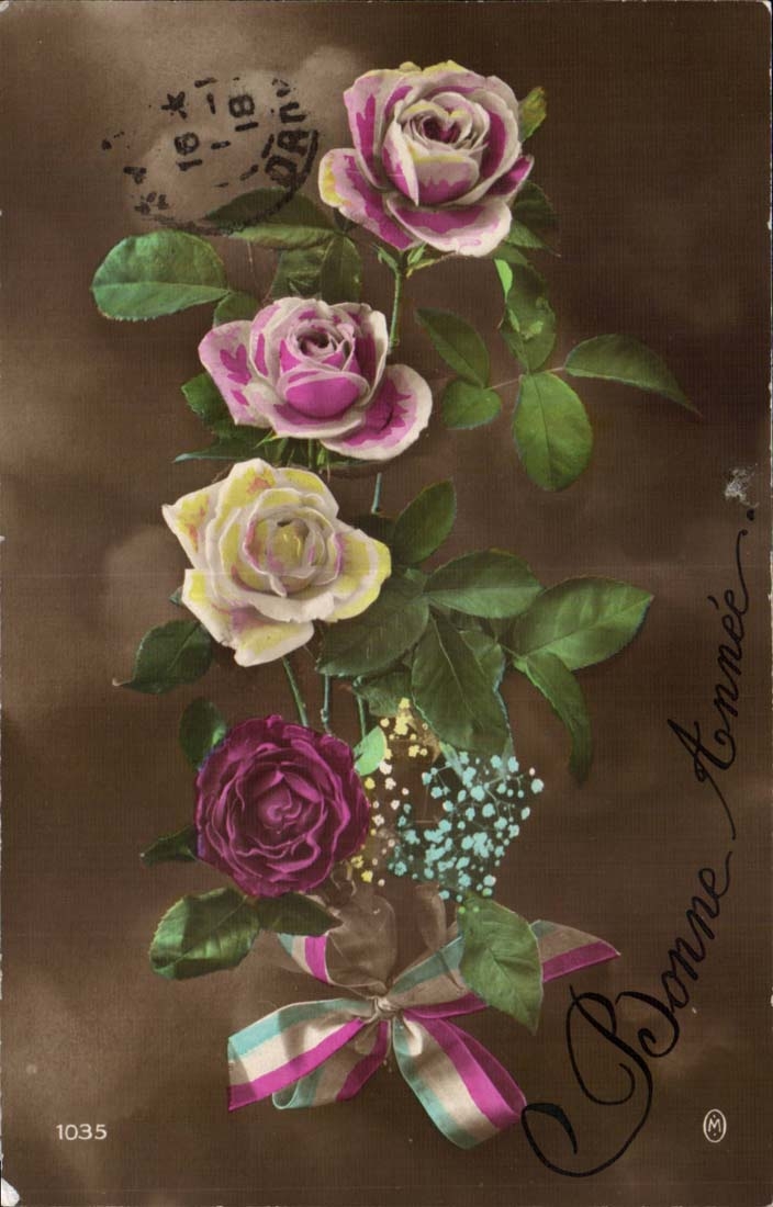 CPA FAntaisie Bonne annee Fleurs