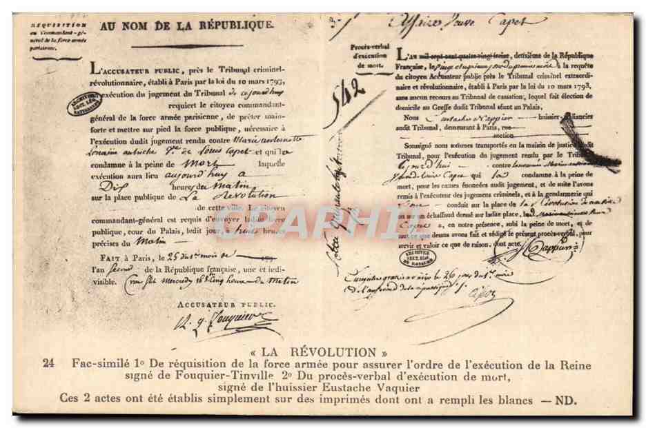 CPA Histoire La Revolution Fac simile de requisition de la force armee ordre d'execution de a Reine Fouquier Tinville