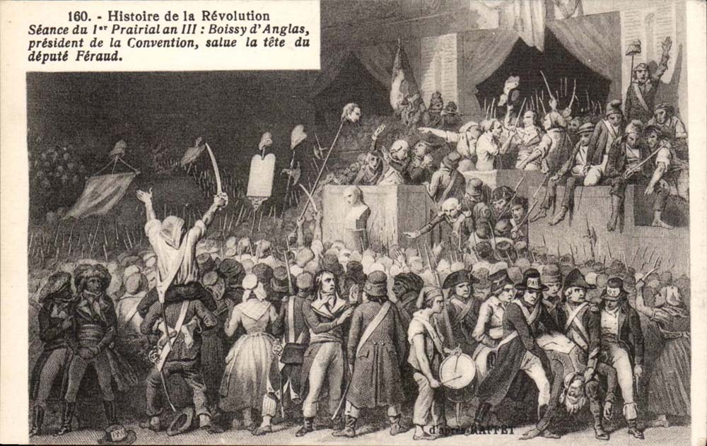 Séance du 1er Prairial an III : Boissy d'Anglas, président de la Convention, salue la tête du député Féraud — Histoire de la Révolution — d'après RATTET