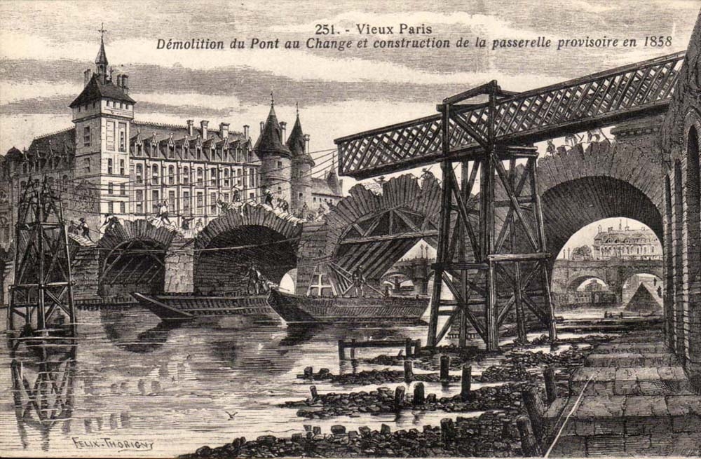 CPA Vieux Paris Demolition du pont au change et construction de la passerelle provisioire en 1858 Paris