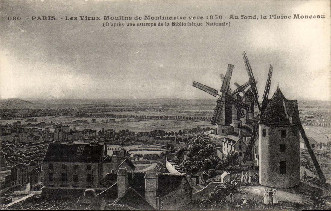Paris CPA Le vieux moulins de Montmartre vers 1850 Au fond la plaine Monceau