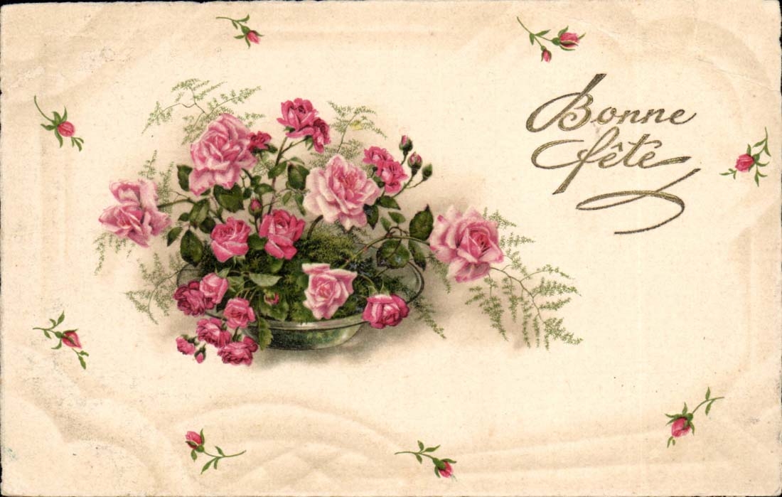 CPA Fantaisie Voeux Bonne fete roses feurs
