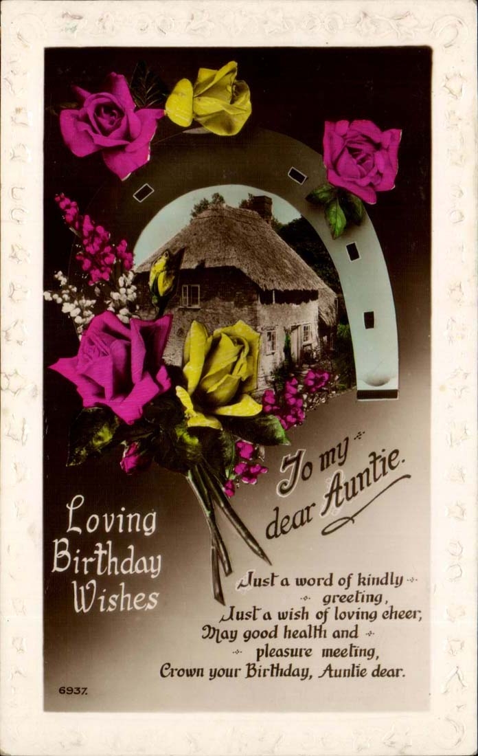 Fleurs et maison en arche — carte d'anniversaire pour tante — éditeur inconnu, n° 6937