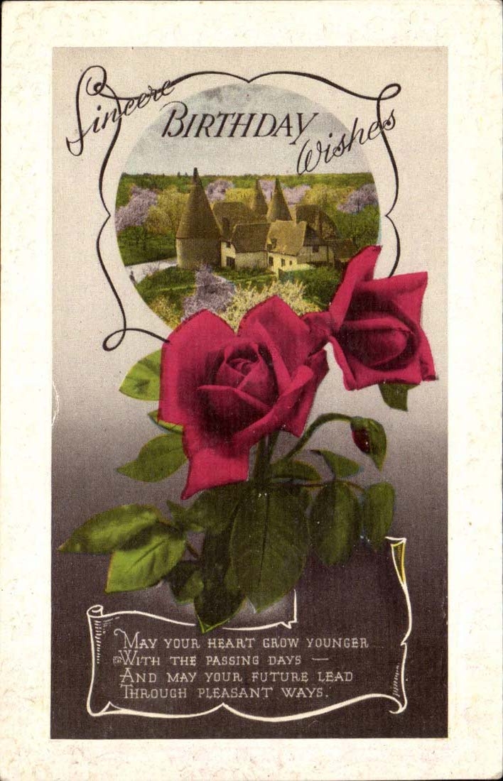 Rosa e villaggio — Auguri di compleanno — Stampa inglese