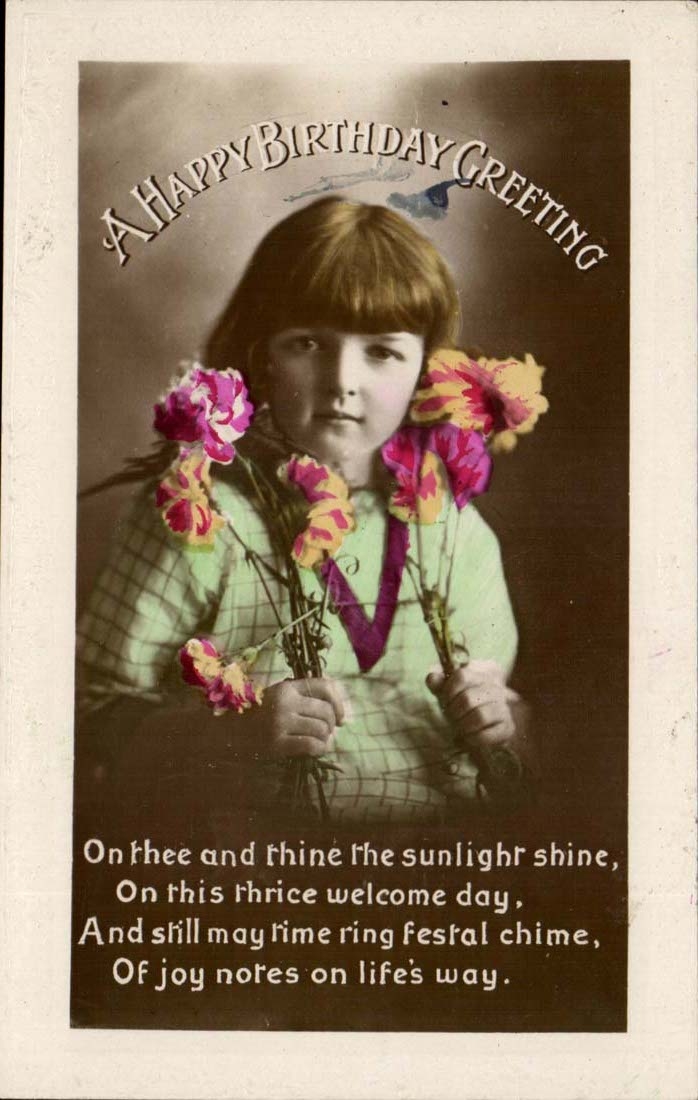 Niña con flores — Tarjeta postal antigua — Impresa en Inglaterra