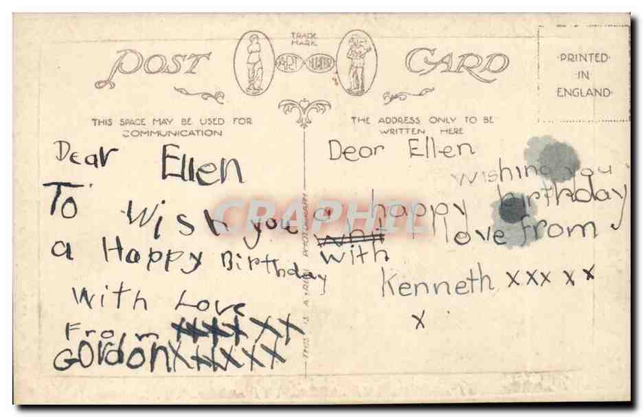 Niña con flores — Tarjeta postal antigua — Impresa en Inglaterra — Reverso