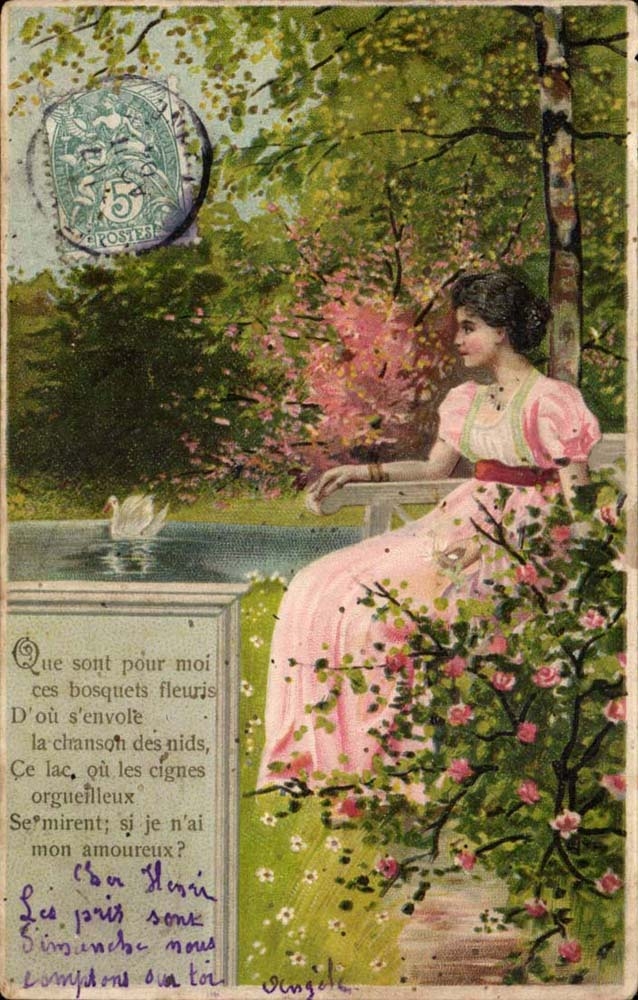 Femme en robe rose au bord d'un lac — scène bucolique — éditeur Singole, n° 1670