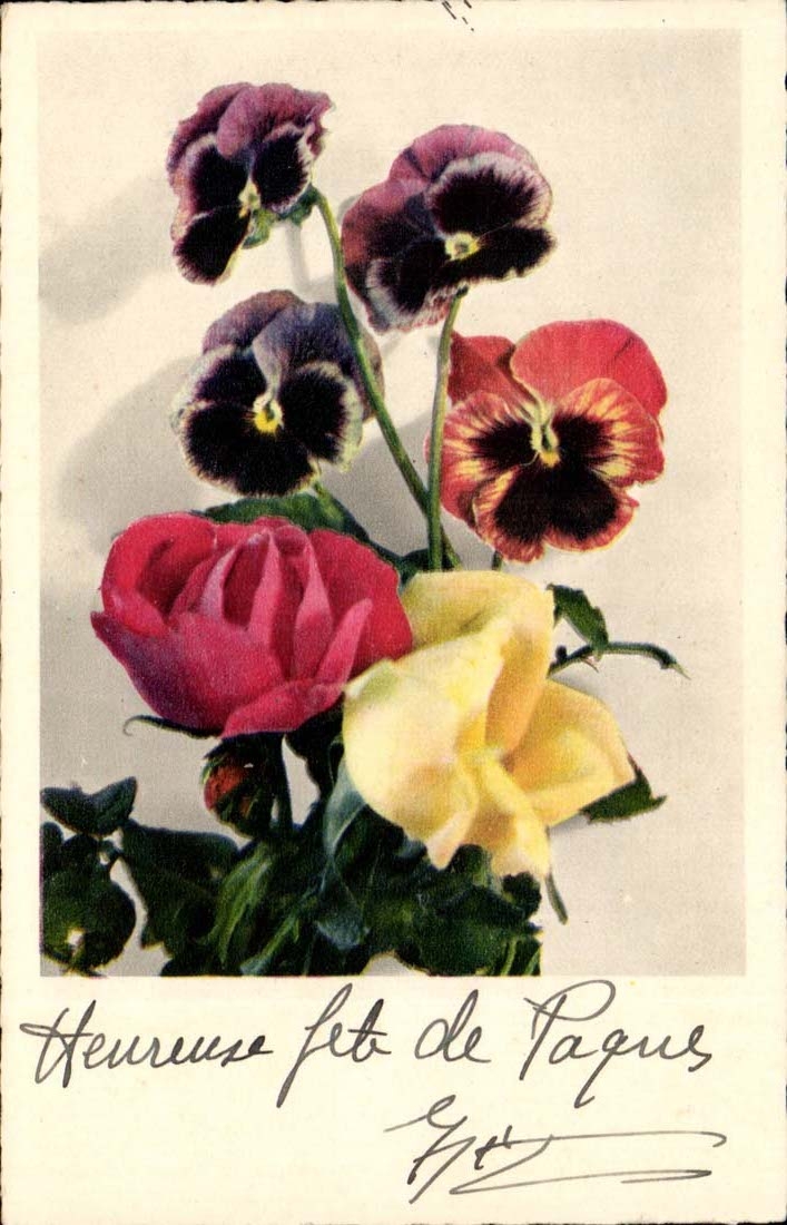 Fantaisie CPA Heureuse fete de paques Fleurs