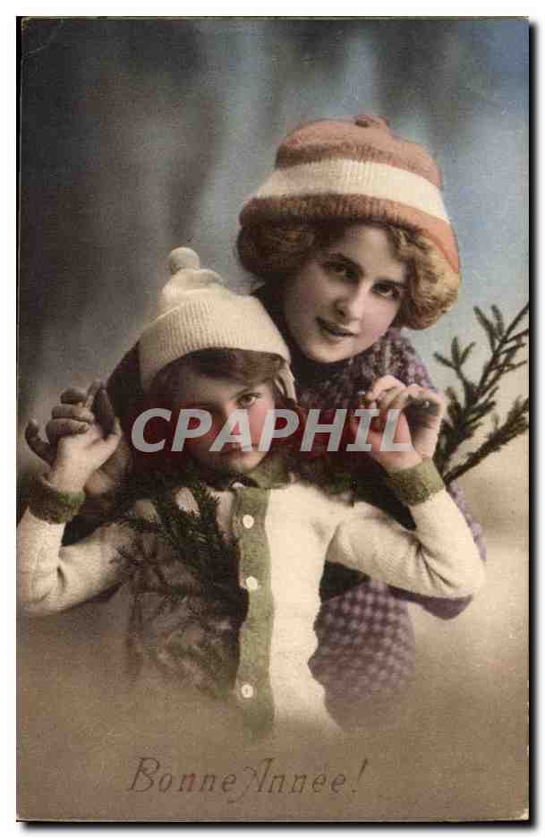 Frau und Kind in Winterkleidung — Frohes Neues Jahr! — Lepogravure 1025