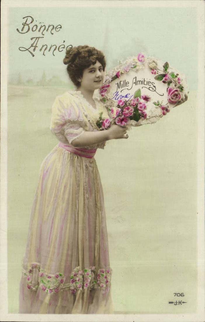 CPA Fantaisie Voeux Bonne annee (femme et feurs) Mille amities