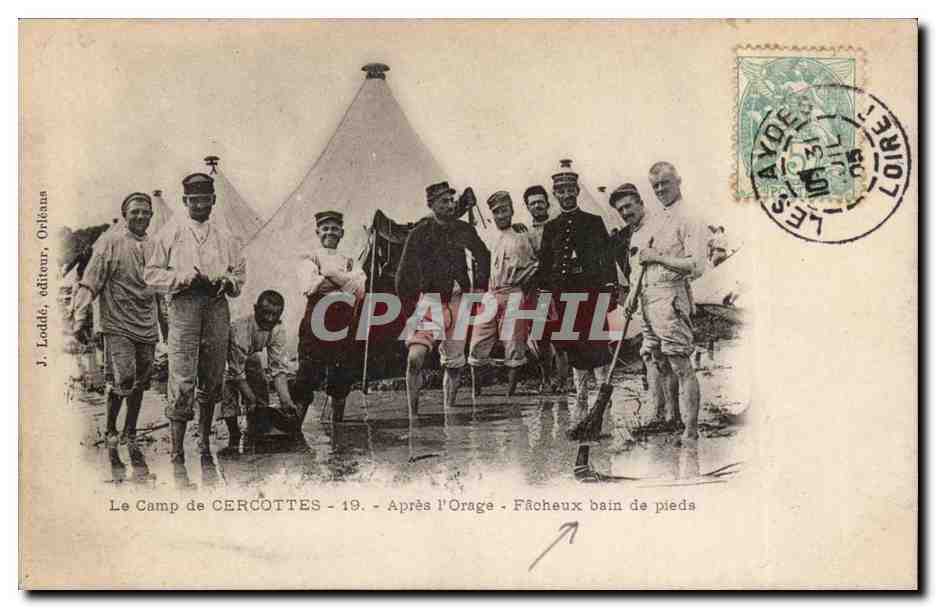 Le Camp de CERCOTTES - 19. - Après l'Orage - Fâcheux bain de pieds — J. Lodde, éditeur, Orléans