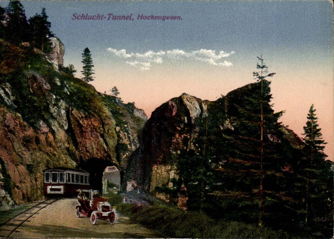 Schlucht-Tunnel, Hochpogesen — vue du tunnel avec train et voiture — éditeur CPAPHIL, n° 57468