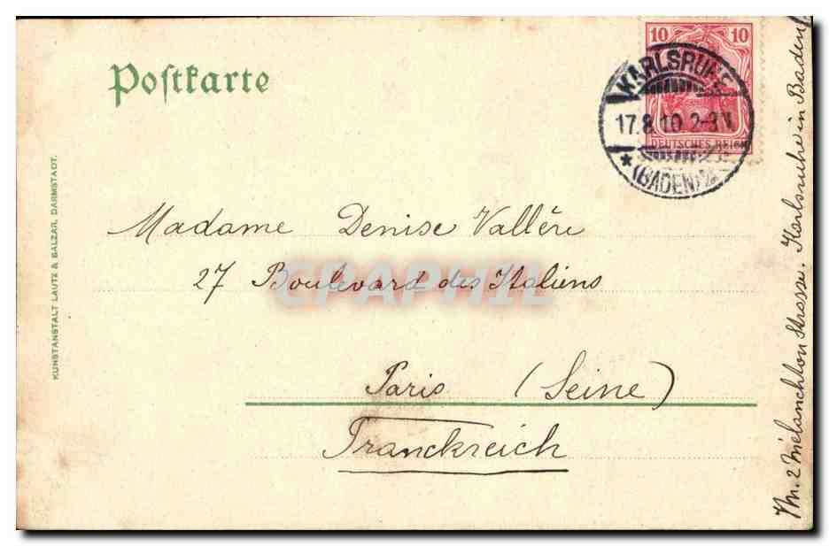 Allemagne Karlsruhe CPA Bismarckdenkmal — Rückseite