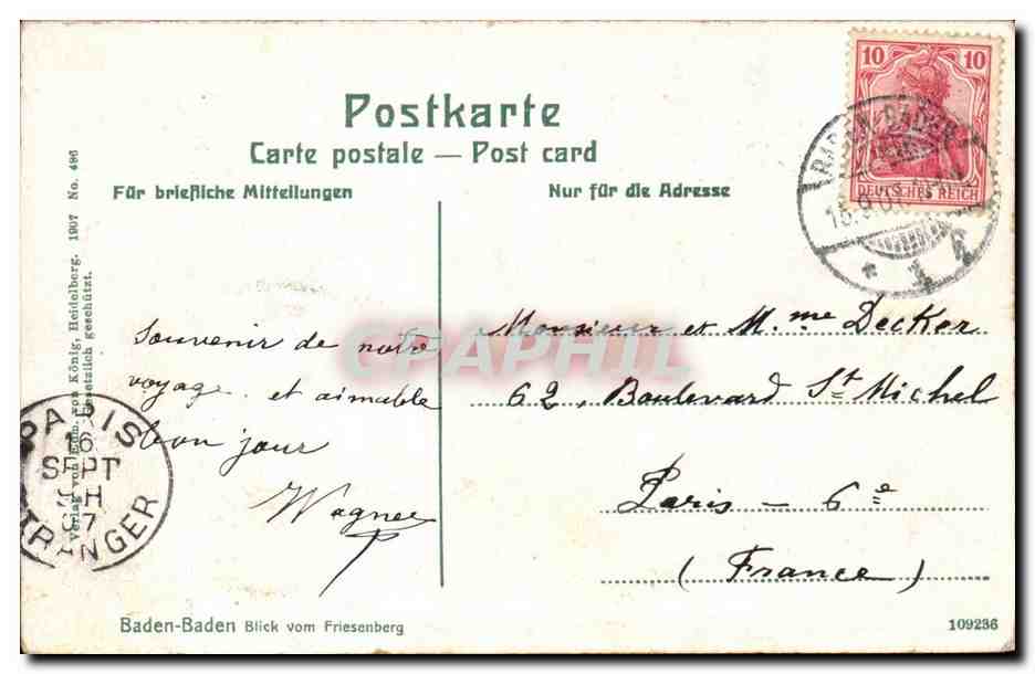 Allemagne CPA Baden Baden Blick vom Friesenberg — Rückseite