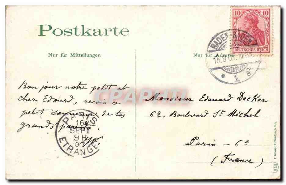 Allemagne CPA Baden Baden Furst Solms Schloss gesehen — Rückseite