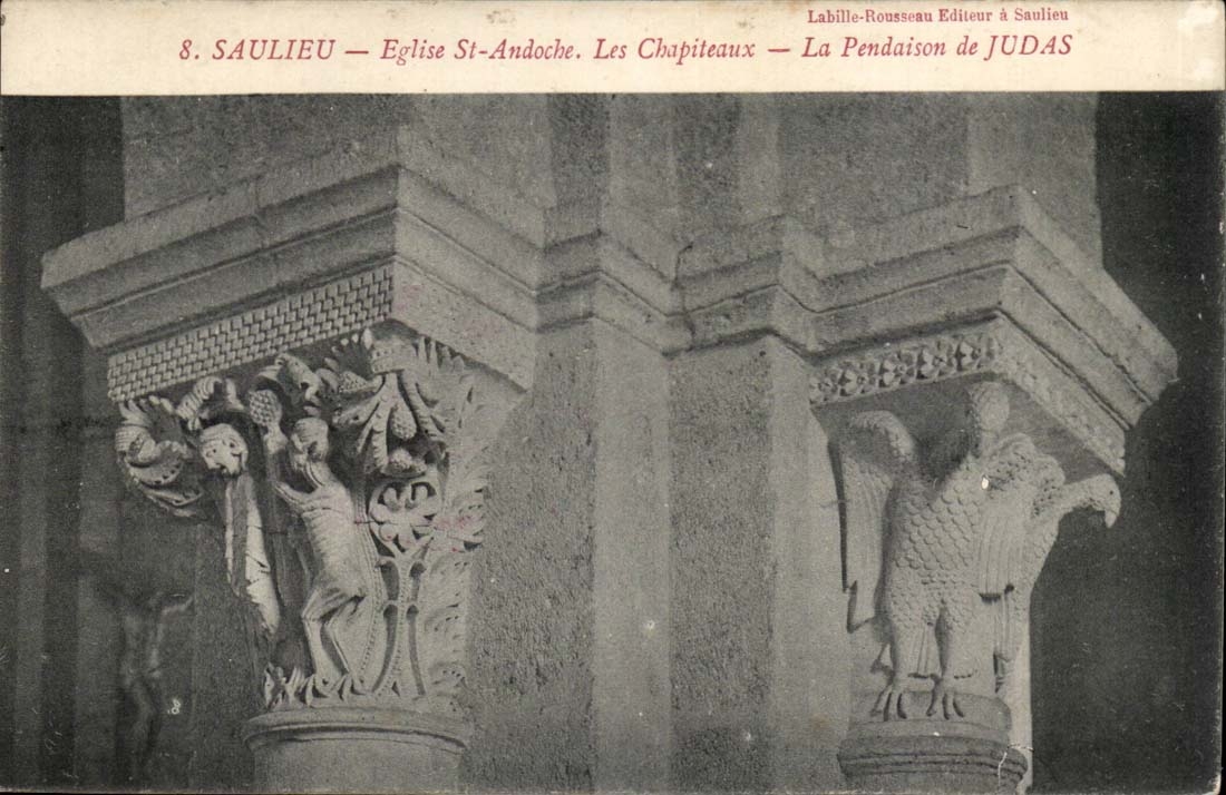 Saulieu — Église St-Andoche. Les Chapiteaux — La Pendaison de Judas