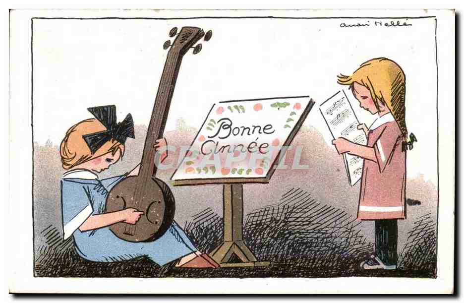 CPA Voeux Bonne annee (guitare enfants)