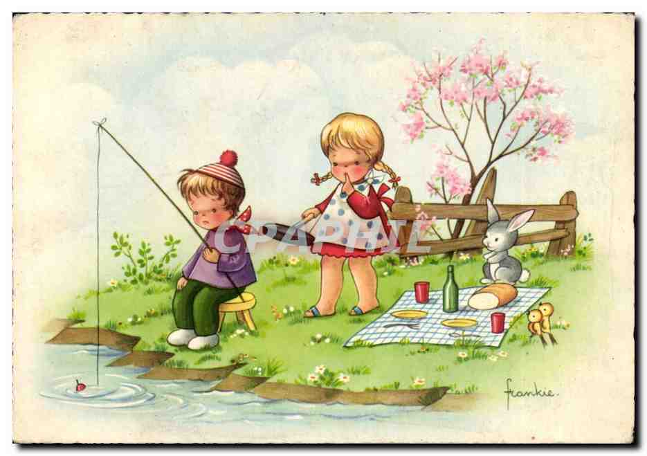 CPA Illustrateur Frankie Enfants PEche Lapin