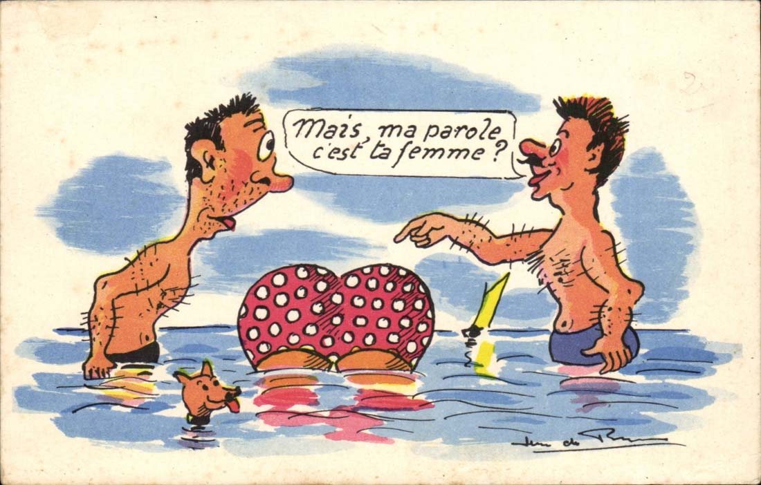 Deux hommes en mer — caricature humoristique — signée 'Jin de Rame'