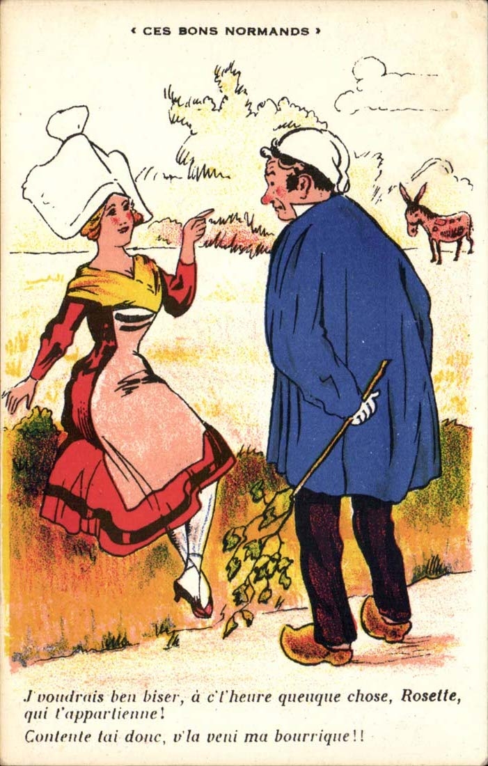 CPA Illustrateur Ces bons Normands J voudrais bien biser a ctheure queuque chose Rosette paysans ane donkey