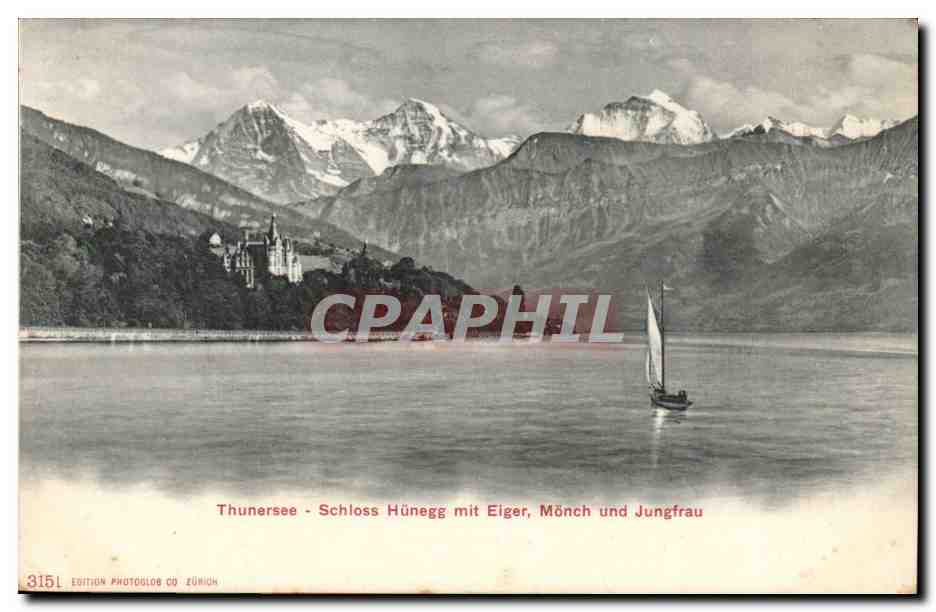 Suisse CPA Thurnsee Schloss Hunegg mit Eiger Monch und Jungfrau