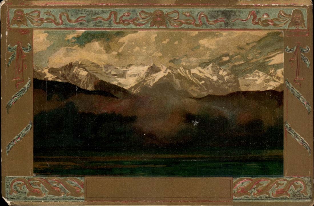 Montagnes enneigées — lac — cadre décoratif — Weltpostverein