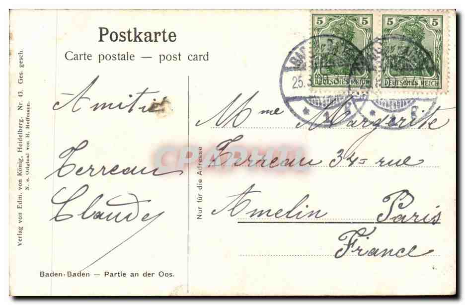 Allemagne Baden Baden CPA Partie an der Oos  — Rückseite