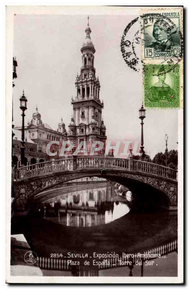 Espagne Espana Spain Sevilla CPA Exposition IBero Americana Plaza de Espana Torre del Sur