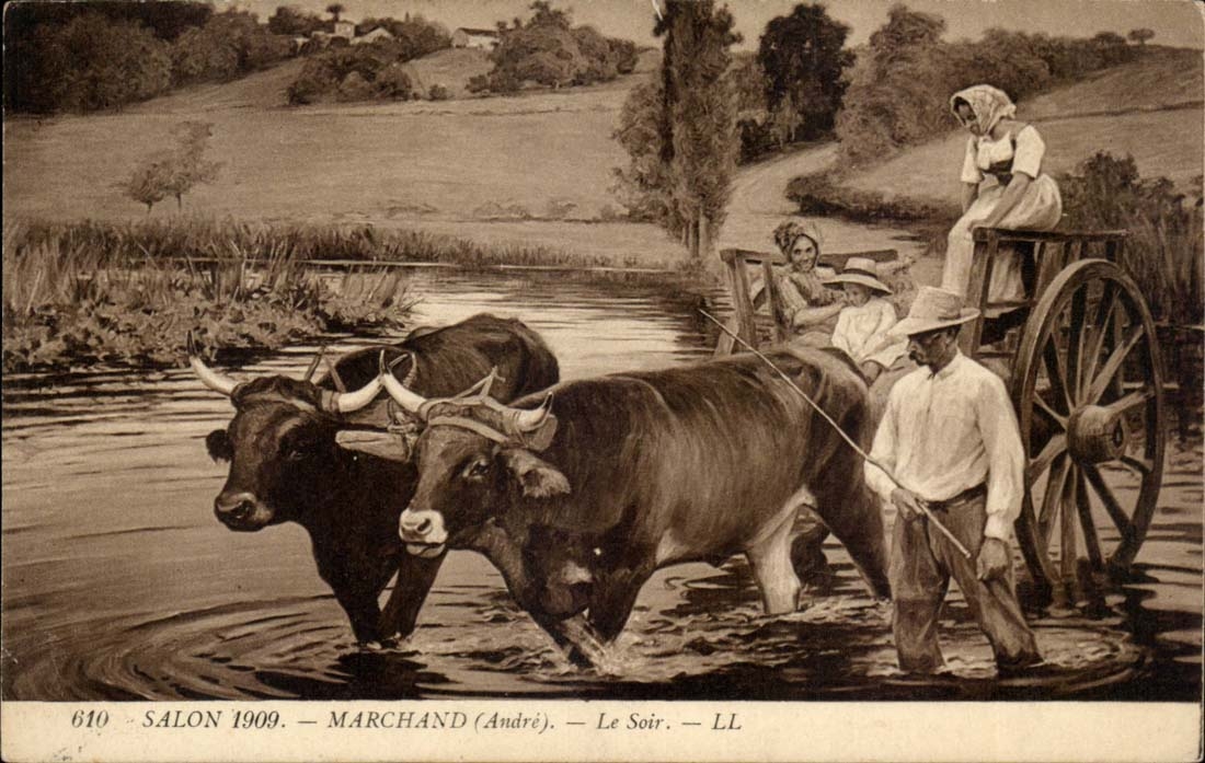 SAlon 1909 CPA Marchand (Andre) Le soir (beoeufs attelage)