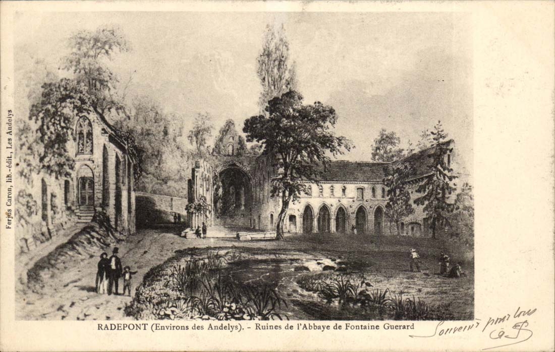 Rade Pont (Environs des Andelys) — Ruines de l'Abbaye de Fontaine Guerard — Farphis Caron, lith.édit., Les Andelys