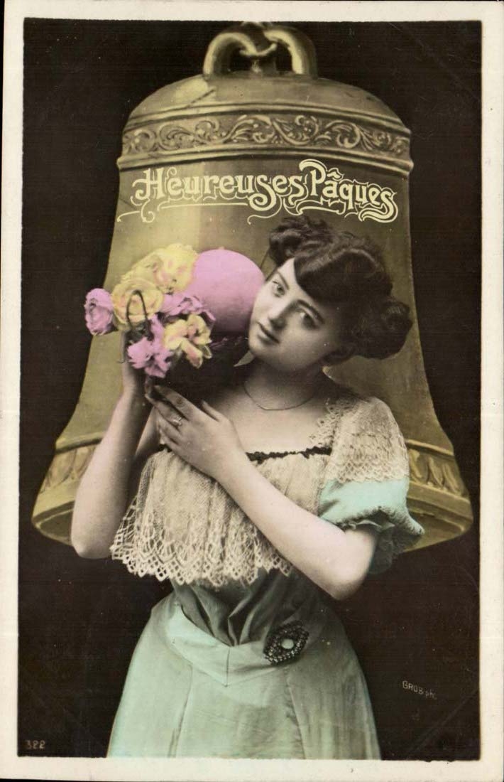 Fantaisie CPA Joyeuses paques (cloche oeuf femme)