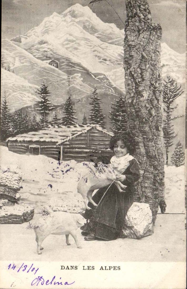 Fantaisie Enfants et cochon (pig) Dans les Alpes