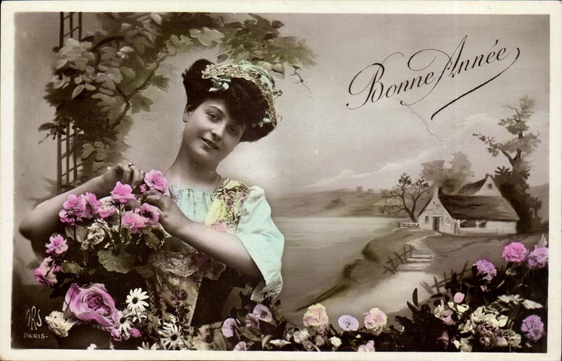 Frau mit Blumenstrauß — Frohes Neues Jahr — JRS Paris