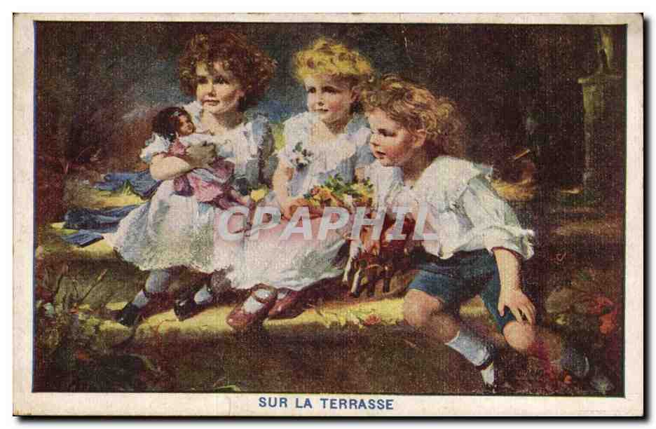 CPA Fantaisie Sur la terrasse Enfants (pub Dixi Diable AbC pour cuivres Black Napoleon Diamaantee Meubleine