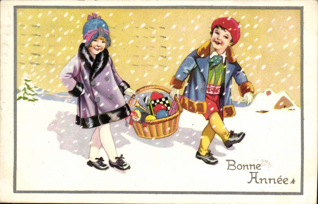 Enfants enneigés avec panier — Bonne Année — éditeur non visible