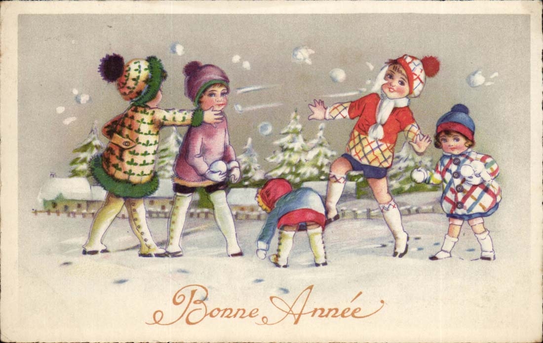 Enfants jouant à la neige — Bonne Année — éditeur BR Nr. 9701
