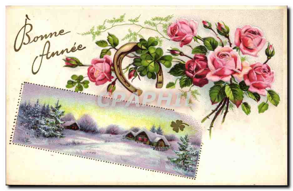 CPA FAntaisie Fleurs Bonne annee (fer a cheval)