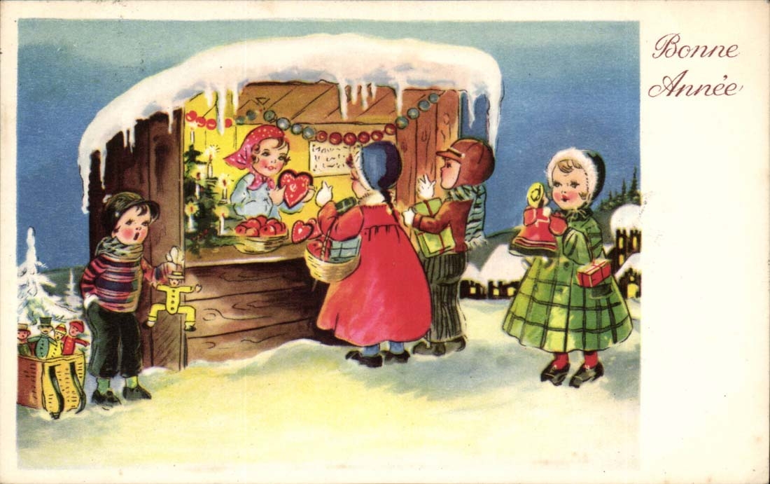 Enfants devant un étal de Noël — scène hivernale — éditeur non visible