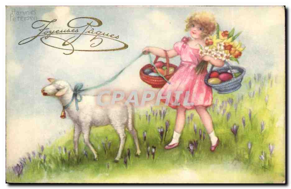 CPA Fantaisie Joyeuses Paques (fille enfant et mouton)